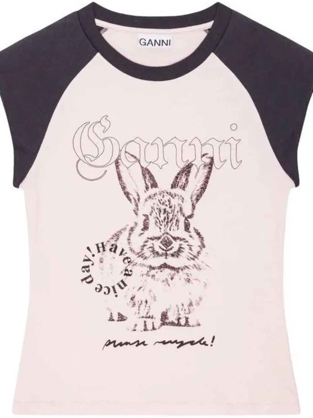 Ganni Pink & Black Bunny Graphic Raglan Tee